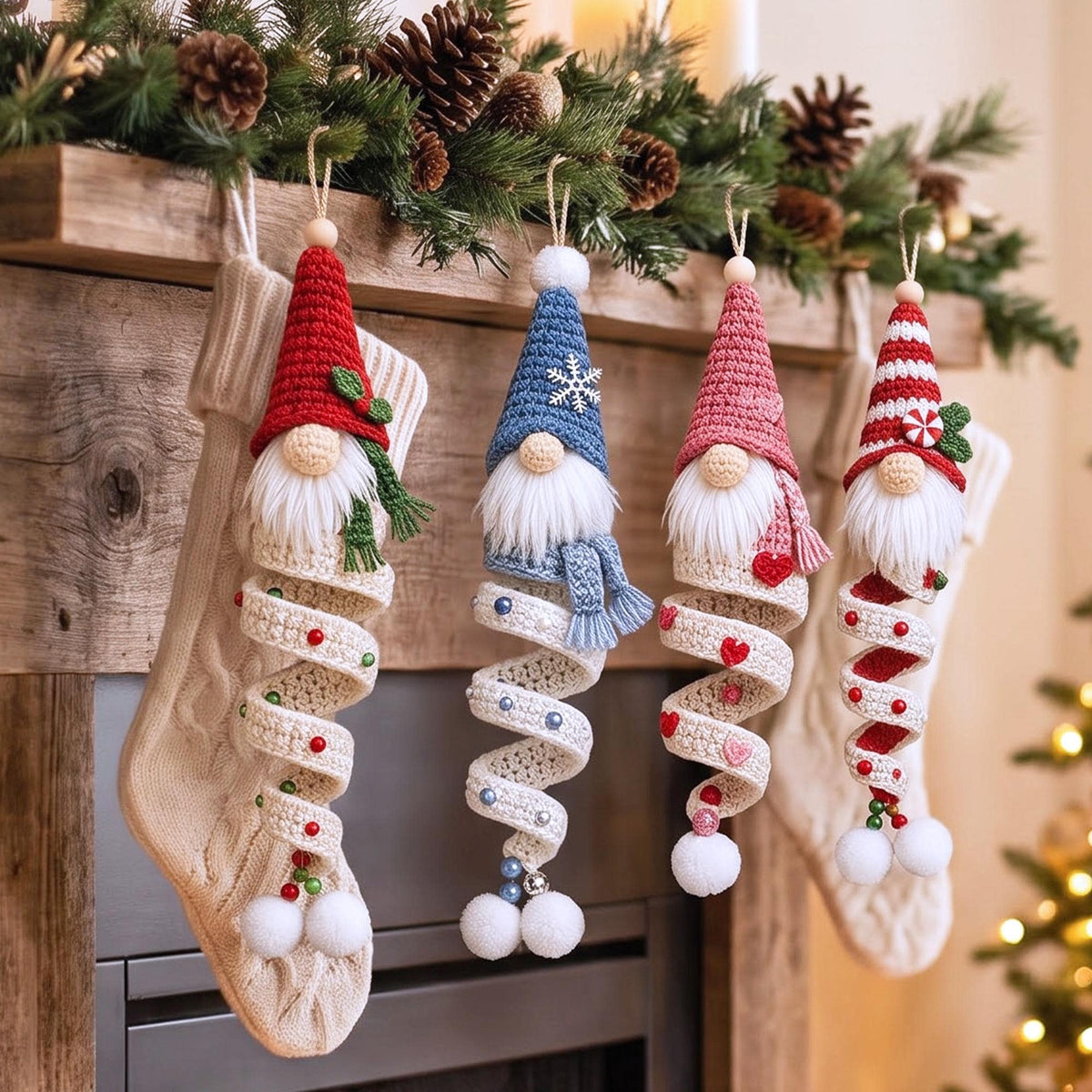 Crochet Gnome Spiral Ornament, Amigurumi Xmas Hanging Decor, Finished Gnome