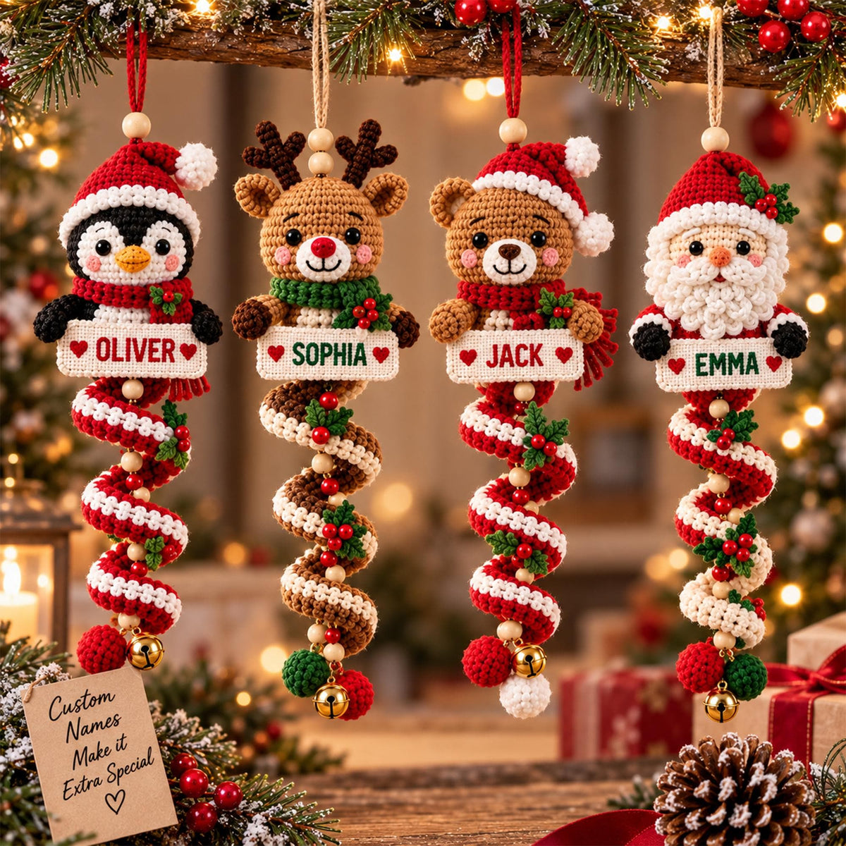 Custom Name Crochet Christmas Ornament, Personalized Penguin Reindeer Bear Santa Spiral Hanger