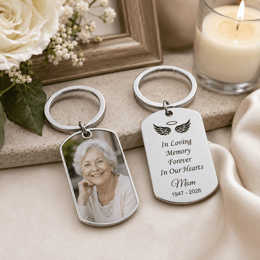 Personalized memorial photo keychain, Forever In Our Hearts remembrance keyring, sympathy gift