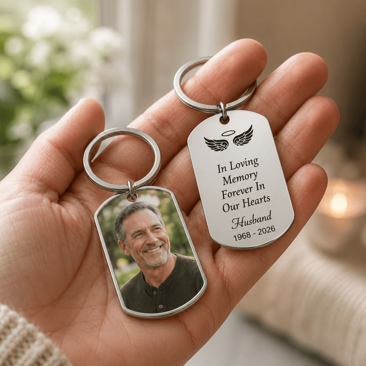 Personalized memorial photo keychain, Forever In Our Hearts remembrance keyring, sympathy gift - photo 2