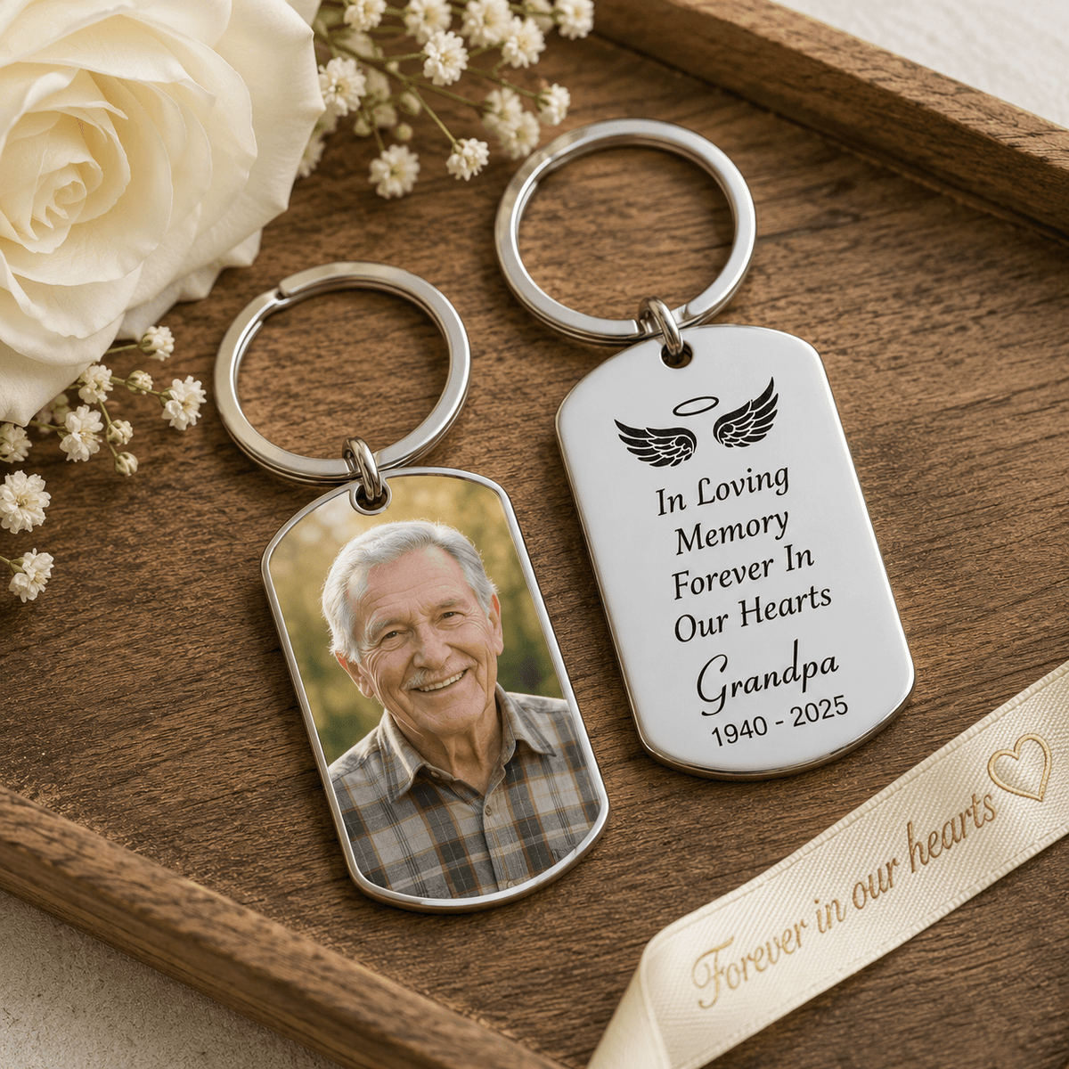 Personalized memorial photo keychain, Forever In Our Hearts remembrance keyring, sympathy gift - photo 7