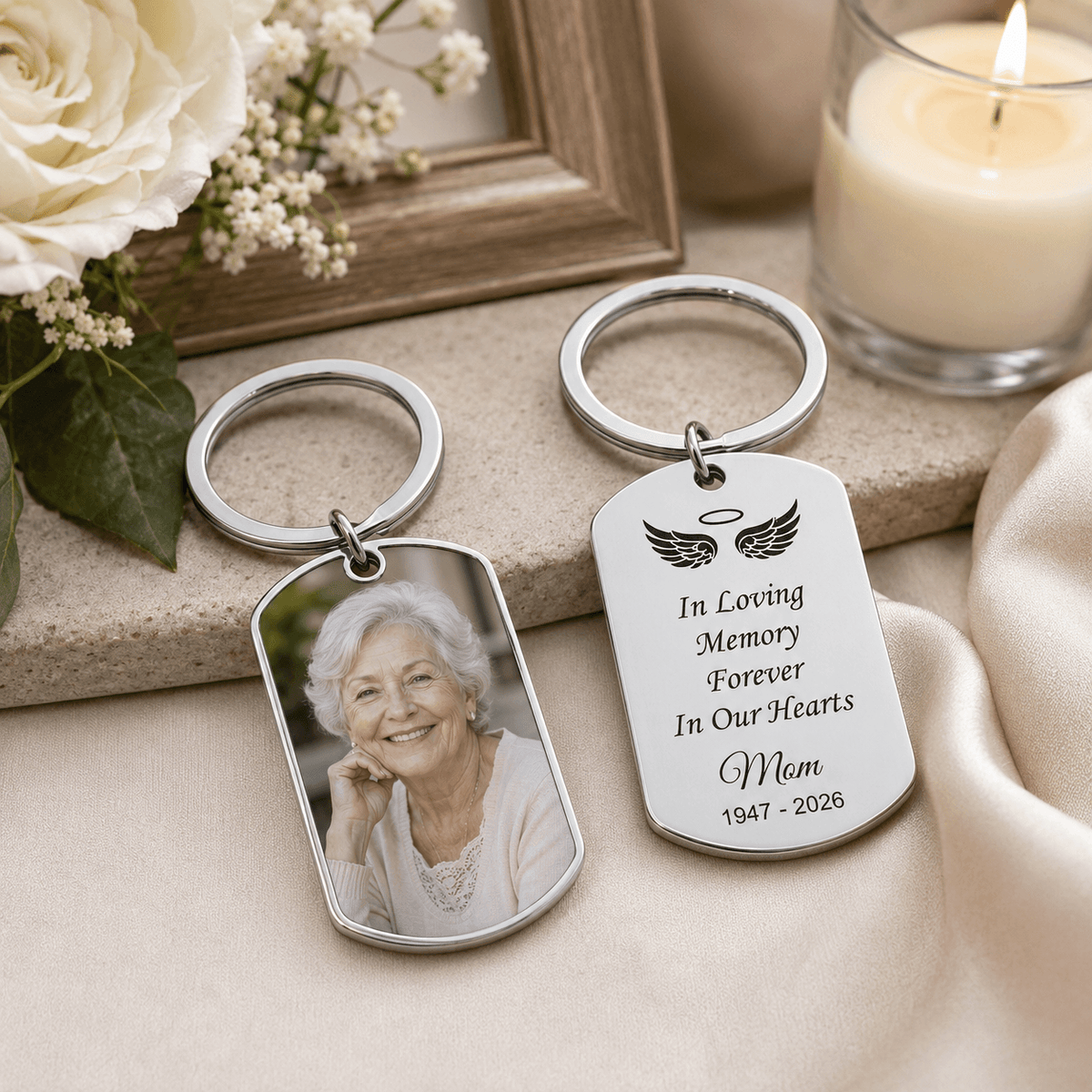 Personalized memorial photo keychain, Forever In Our Hearts remembrance keyring, sympathy gift - photo 11