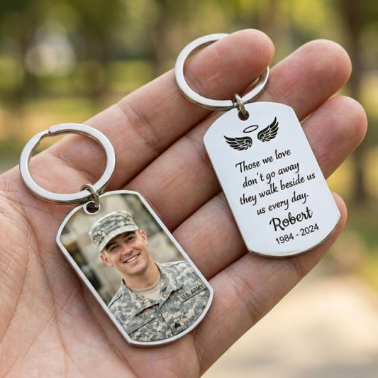 Personalized soldier memorial keychain, custom military photo dog tag keyring, veteran remembrance gift