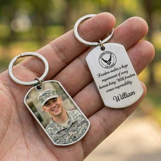 Personalized military memorial keychain, custom soldier photo remembrance dog tag, fallen hero tribute