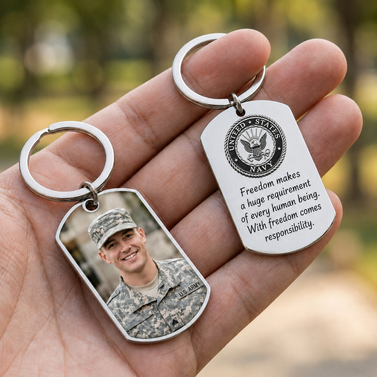 Personalized military memorial keychain, custom soldier photo remembrance dog tag, fallen hero tribute - photo 2