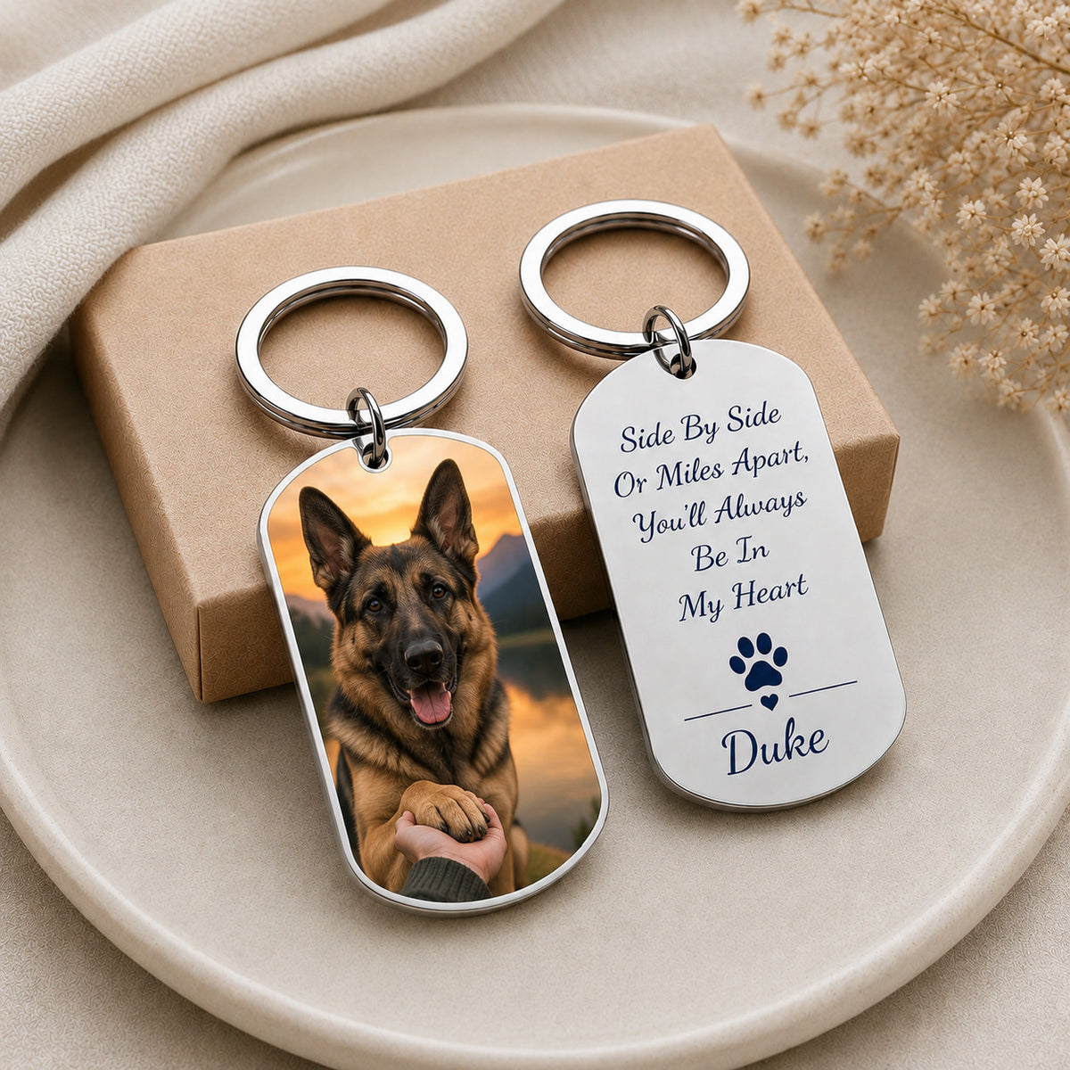 Personalized pet photo keychain, custom dog and cat portrait, stainless steel memorial keyring