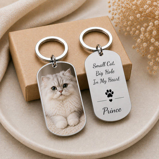 Personalized cat photo keychain, custom pet portrait, stainless steel memorial keyring for cat lovers