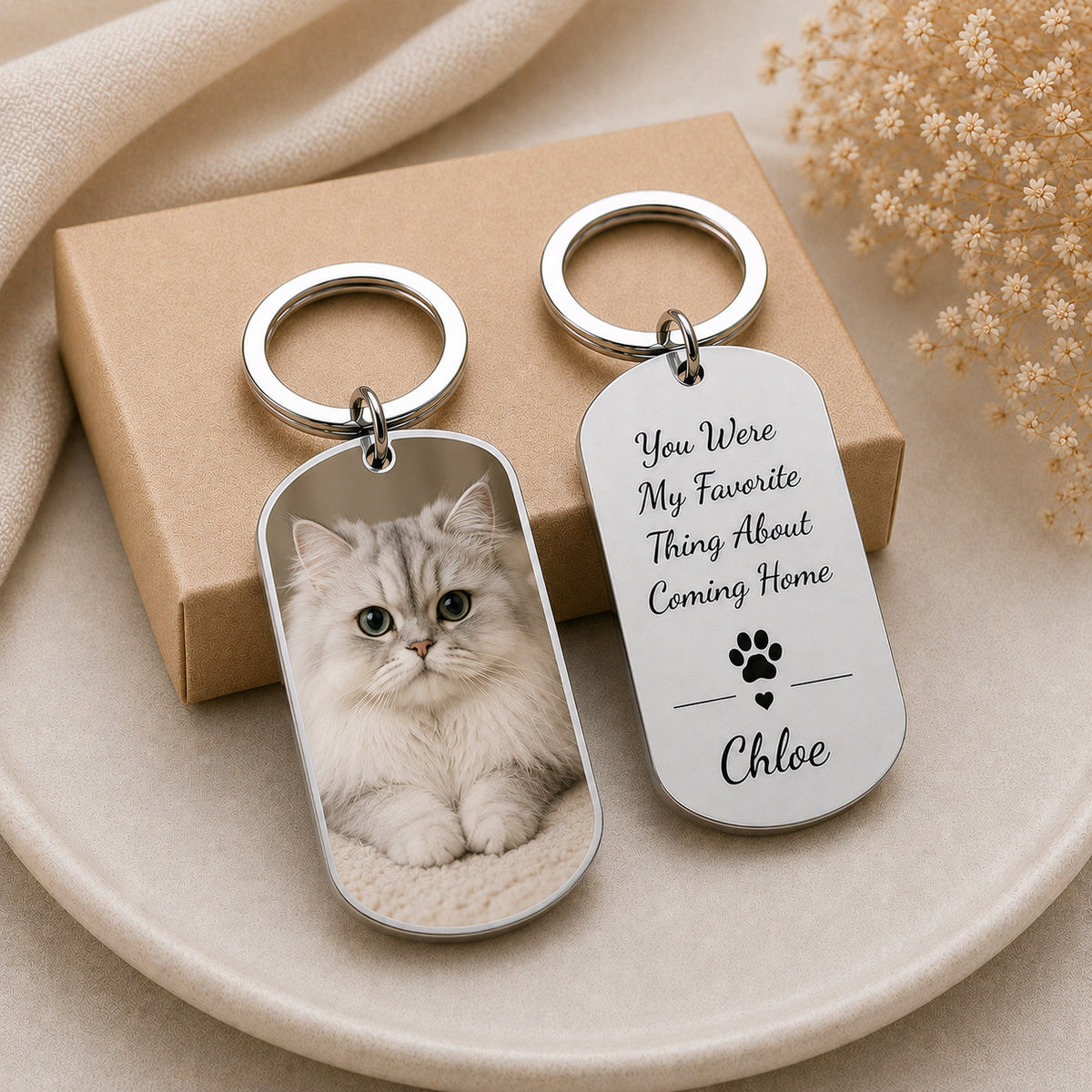 Personalized cat photo keychain, custom pet portrait, stainless steel memorial keyring for cat lovers - photo 2