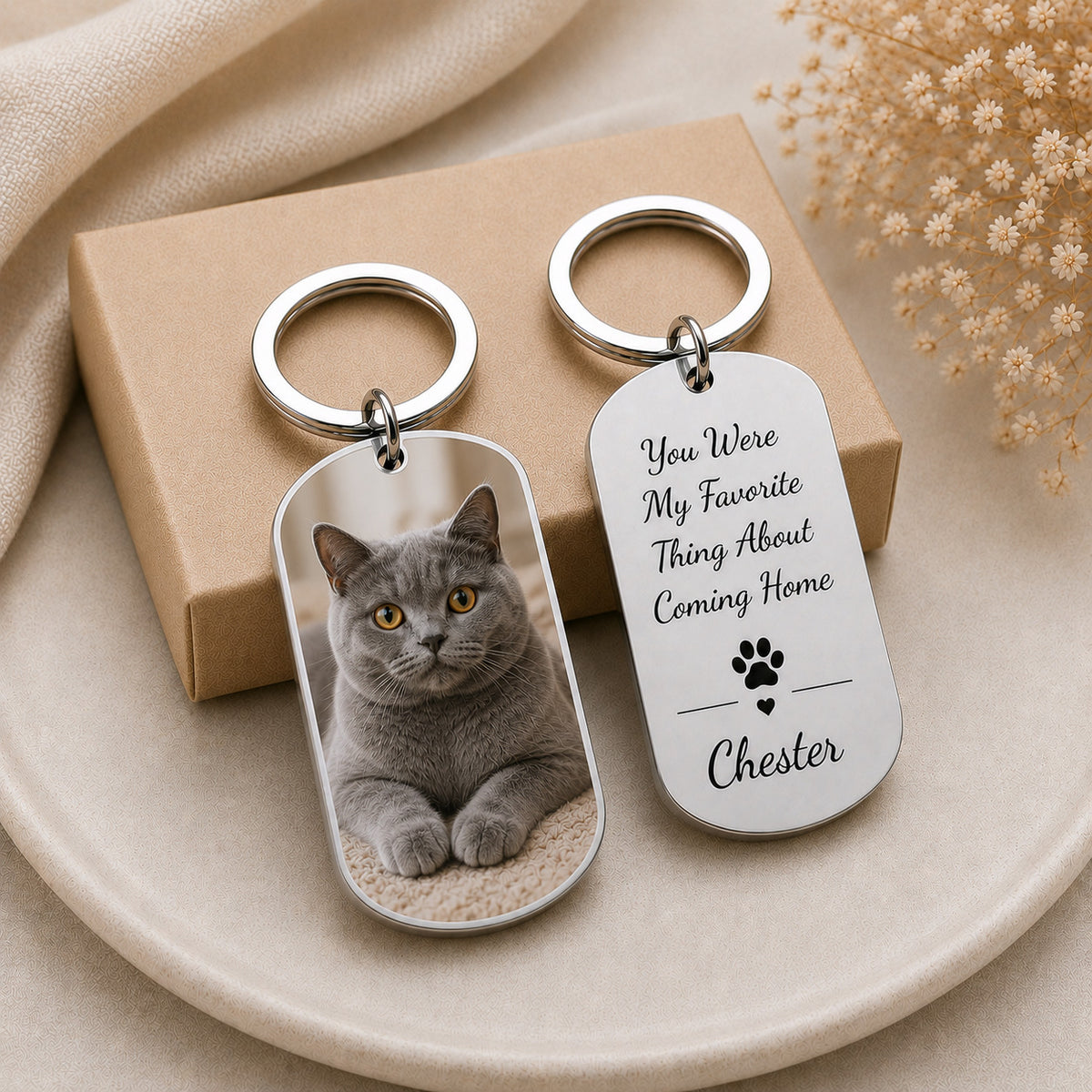 Personalized cat photo keychain, custom pet portrait, stainless steel memorial keyring for cat lovers - photo 3
