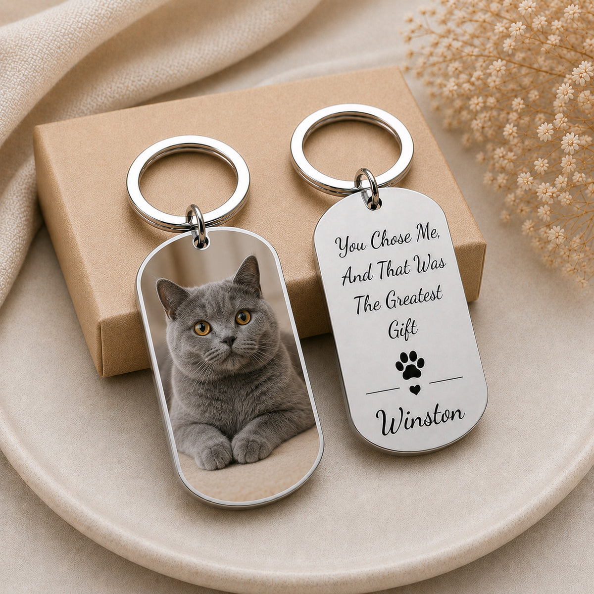 Personalized cat photo keychain, custom pet portrait, stainless steel memorial keyring for cat lovers - photo 4