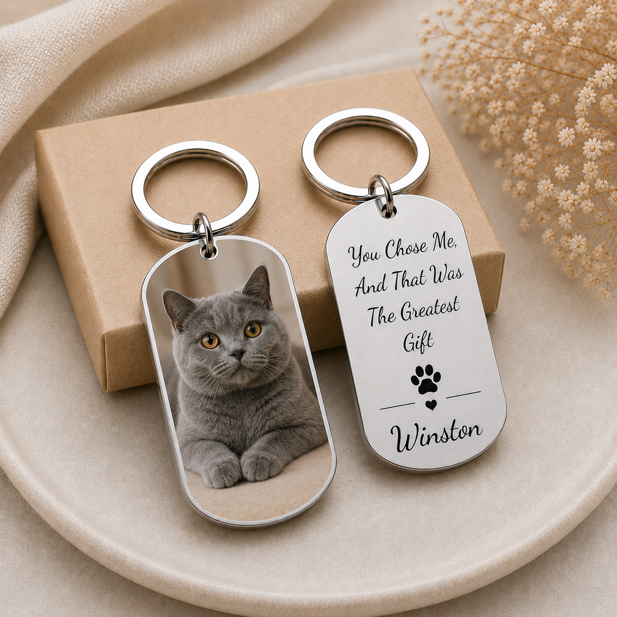 Personalized Pet Photo Keychain, Custom Cat Memorial Keyring, Side By Side Or Miles Apart Gift for Pet Lovers
