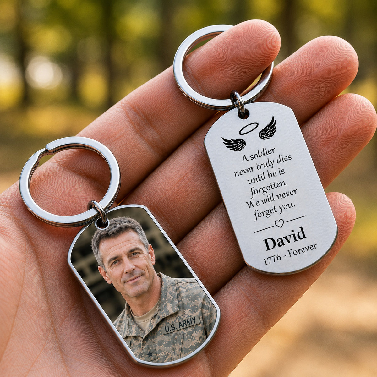 Personalized soldier memorial keychain, custom military photo dog tag keyring, veteran remembrance gift - photo 2