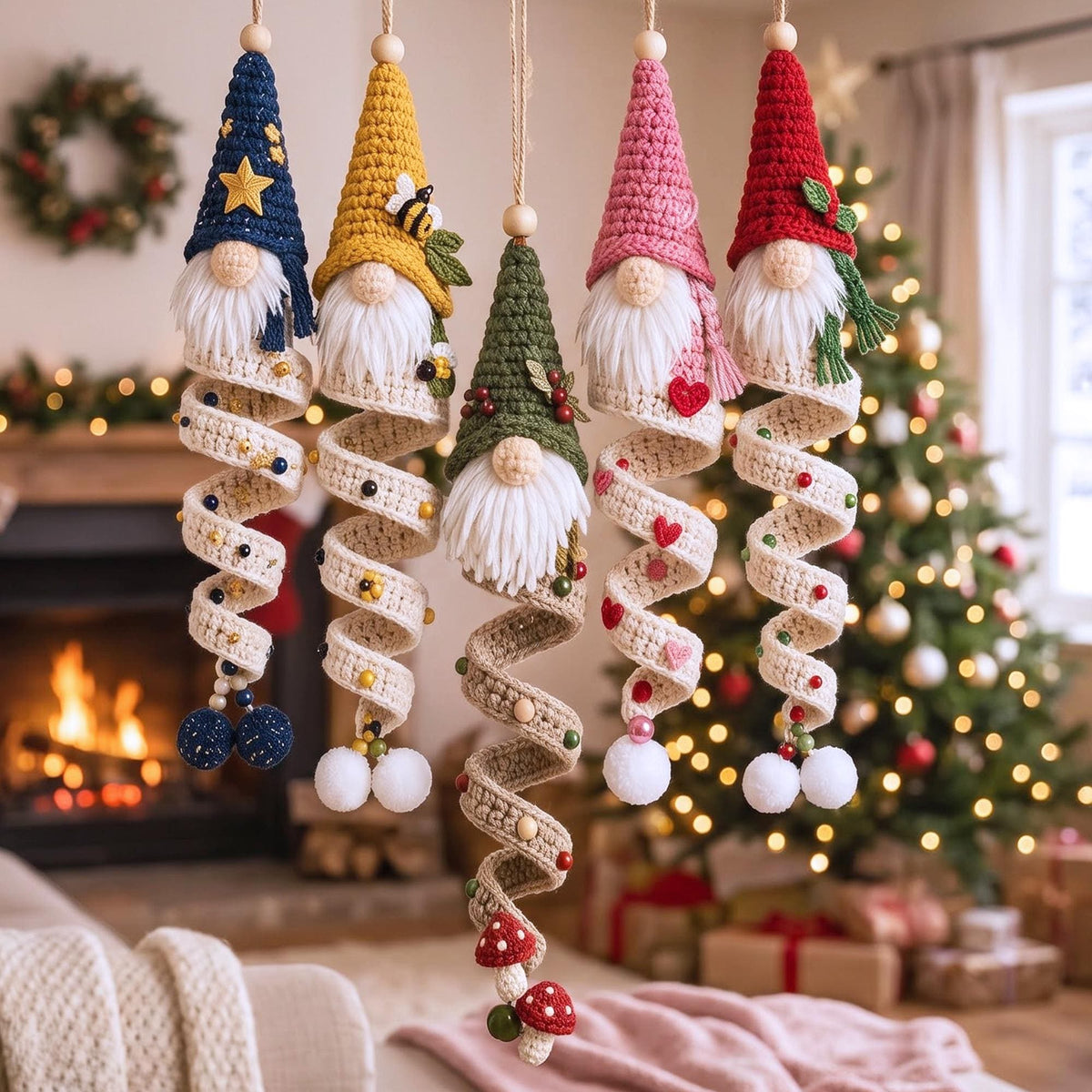 Crochet Gnome Spiral Ornament, Amigurumi Xmas Hanging Decor, Finished Gnome