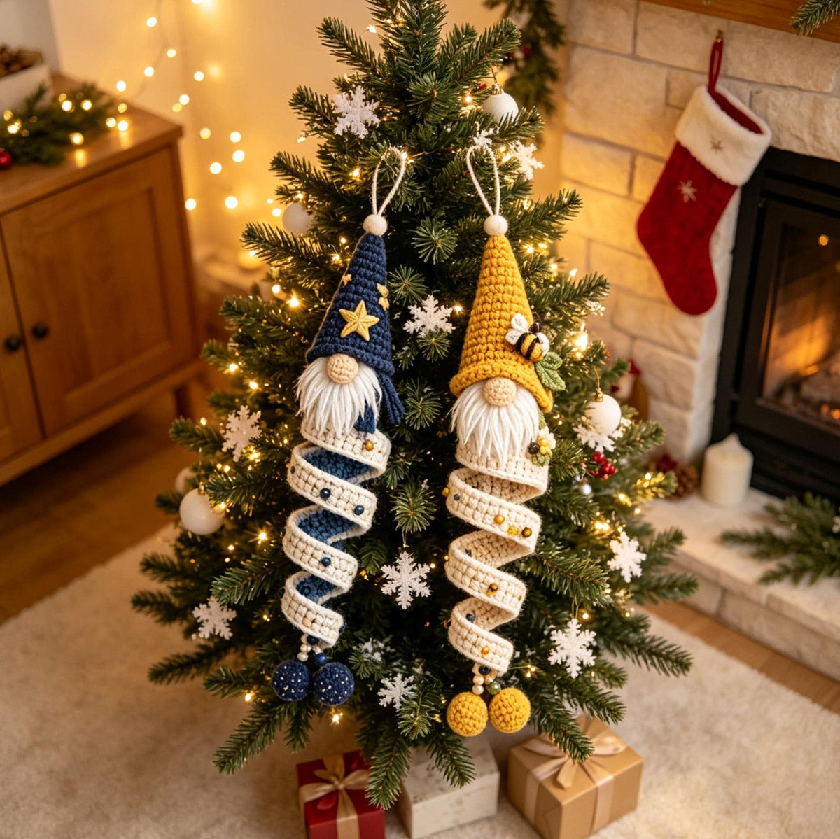 Crochet Gnome Spiral Ornament, Amigurumi Xmas Hanging Decor, Finished Gnome