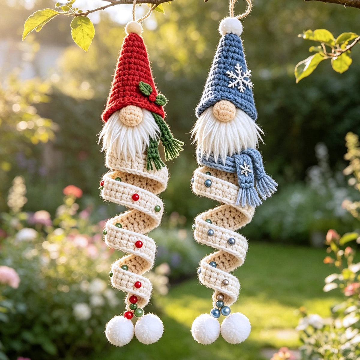 Crochet Gnome Spiral Ornament, Amigurumi Xmas Hanging Decor, Finished Gnome