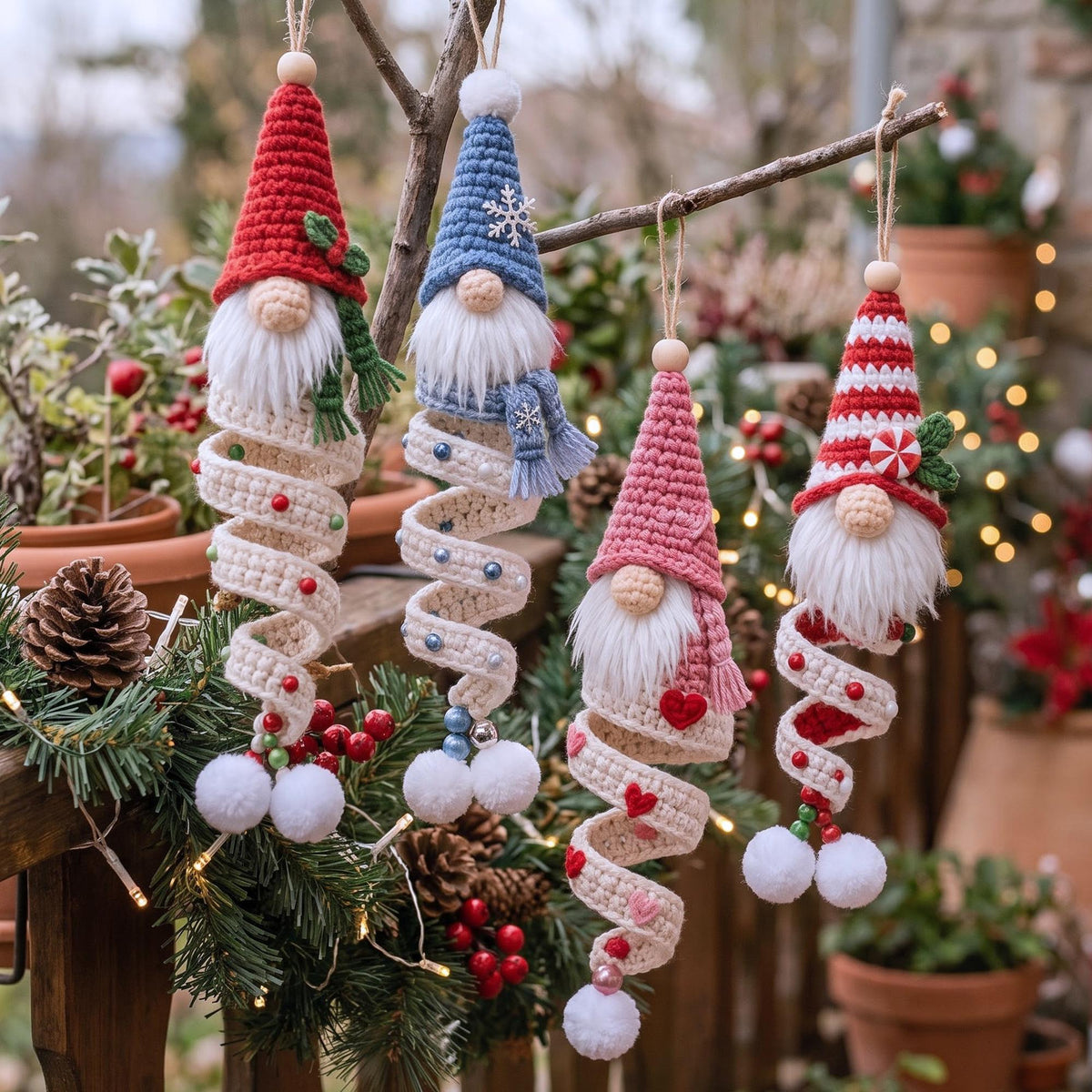 Crochet Gnome Spiral Ornament, Amigurumi Xmas Hanging Decor, Finished Gnome